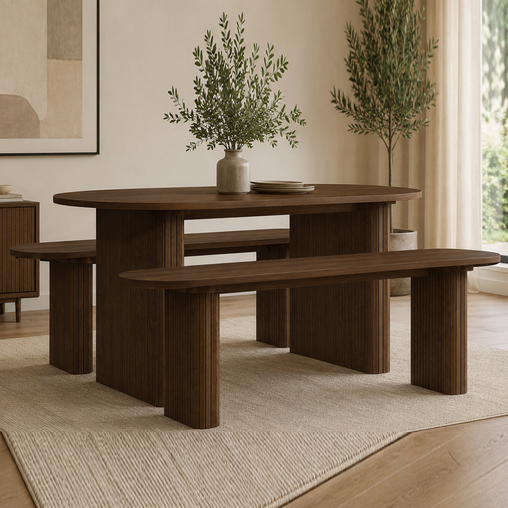 Avenel Wooden Fluted Dining Table with 2 Benches in Walnut
