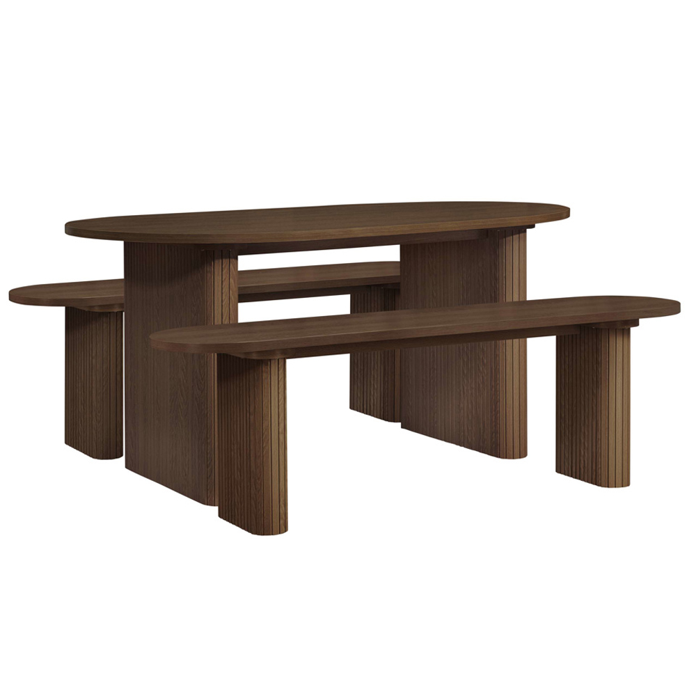 Avenel Wooden Fluted Dining Table with 2 Benches in Walnut