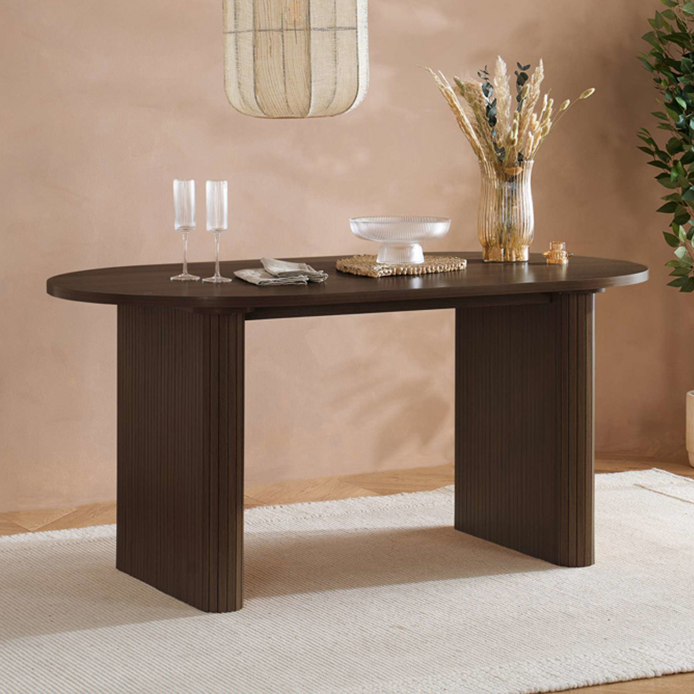 Avenel Wooden Fluted Dining Table with 2 Benches in Walnut