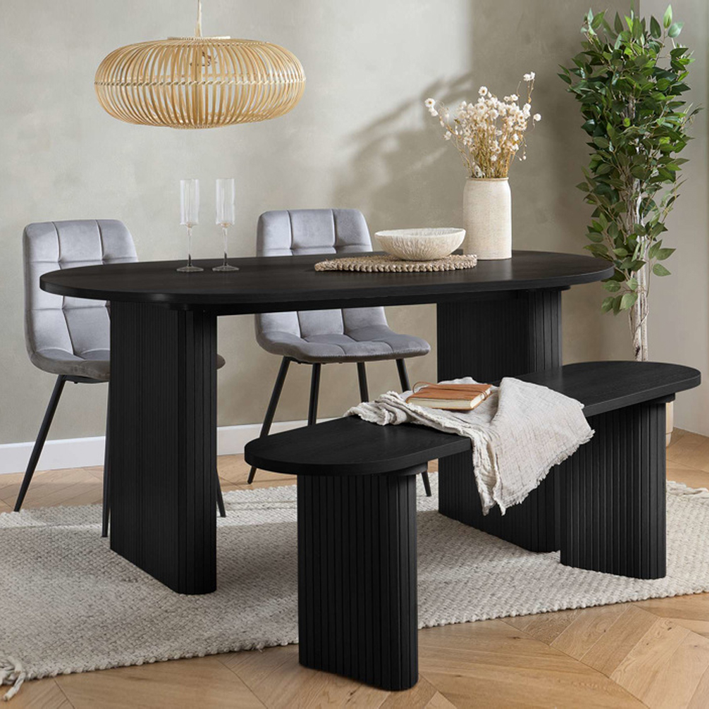 Avenel Wooden Fluted Dining Table with 2 Grey Chairs and 1 Bench in Black