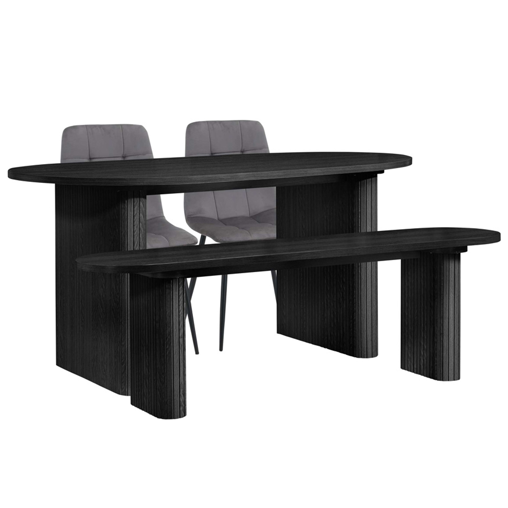 Avenel Wooden Fluted Dining Table with 2 Grey Chairs and 1 Bench in Black