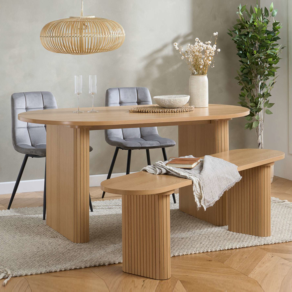 Avenel Wooden Fluted Dining Table with 2 Grey Chairs and 1 Bench in Oak