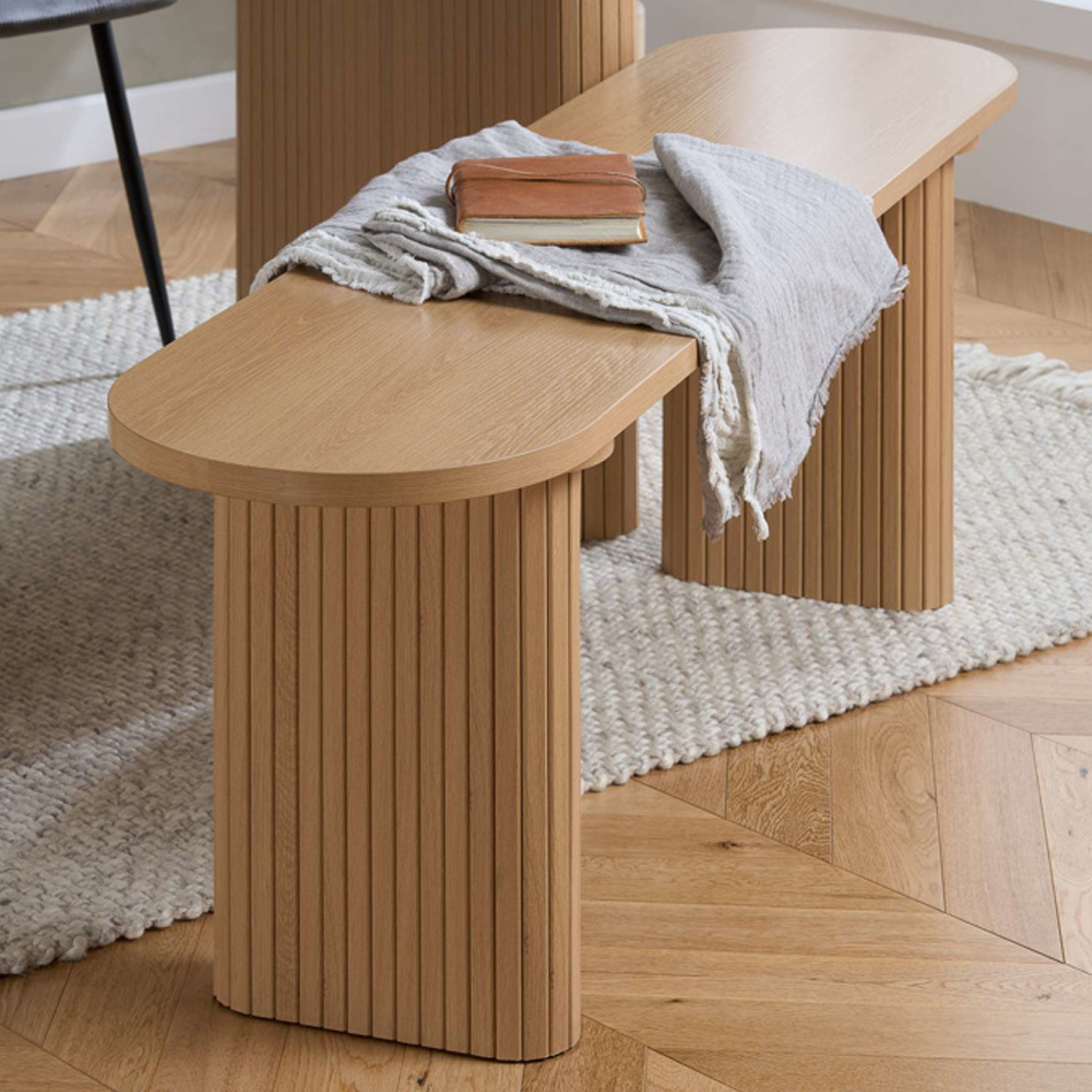 Avenel Wooden Fluted Dining Table with 2 Grey Chairs and 1 Bench in Oak