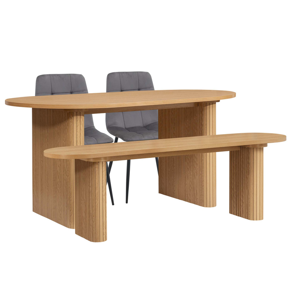 Avenel Wooden Fluted Dining Table with 2 Grey Chairs and 1 Bench in Oak
