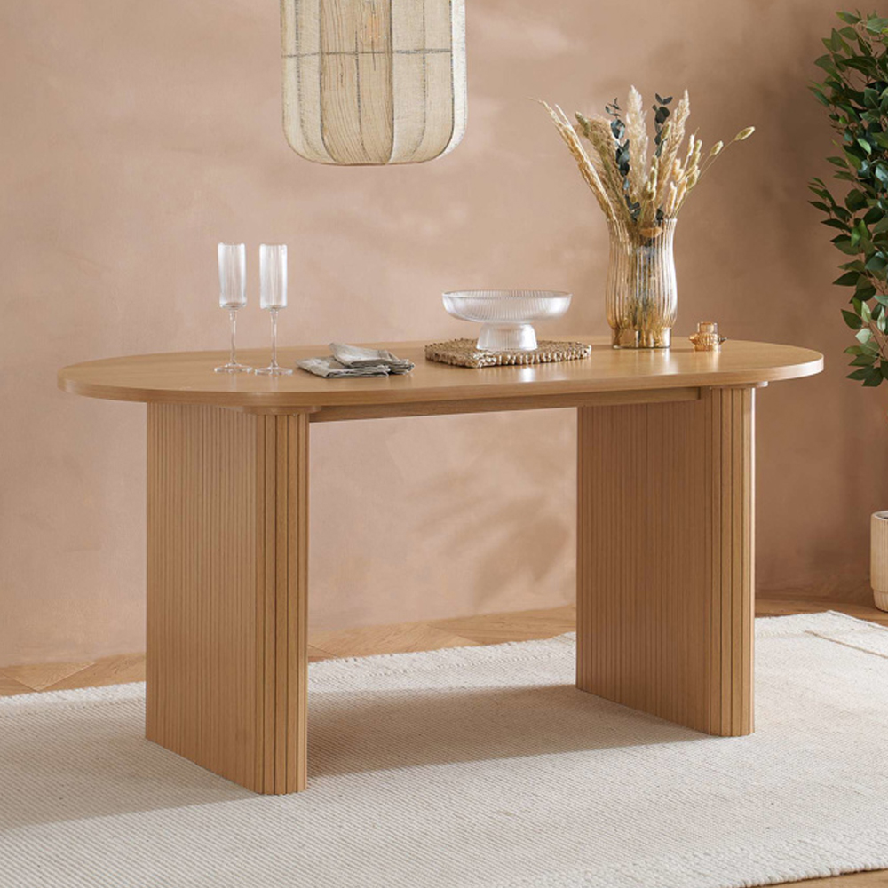 Avenel Wooden Fluted Dining Table with 2 Grey Chairs and 1 Bench in Oak