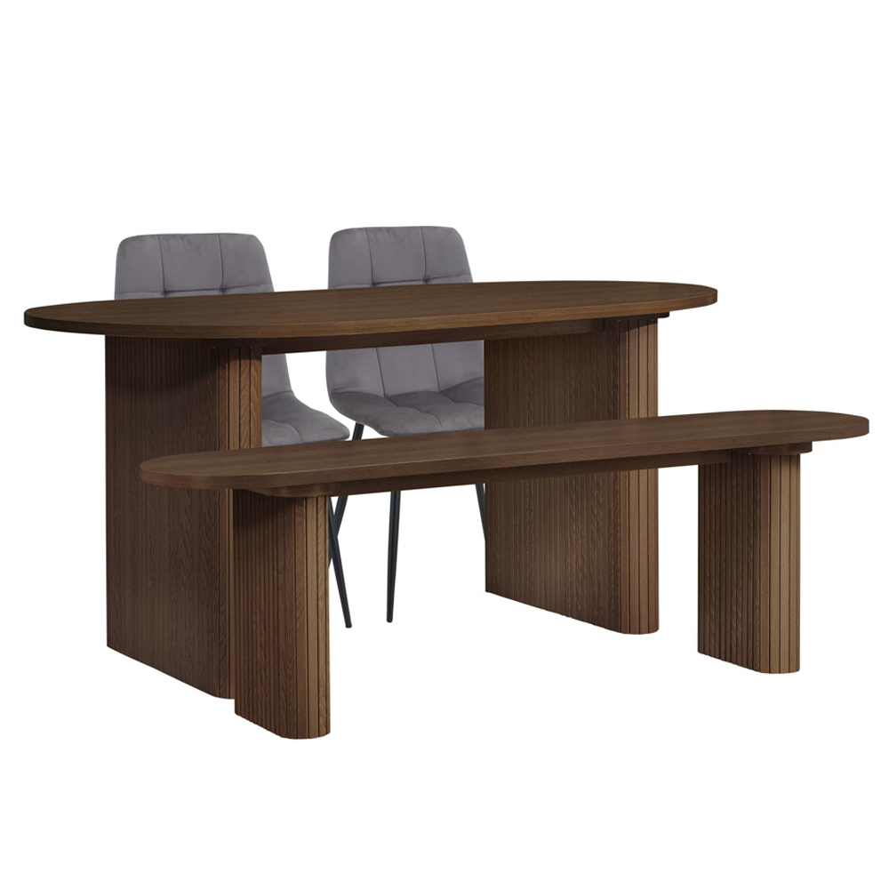 Avenel Wooden Fluted Dining Table with 2 Grey Chairs and 1 Bench in Walnut
