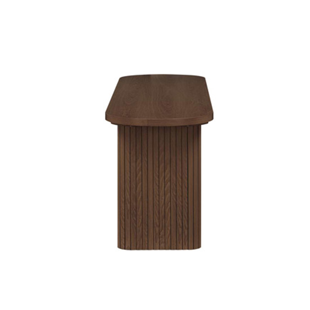 Avenel Wooden Fluted Dining Table with 2 Grey Chairs and 1 Bench in Walnut