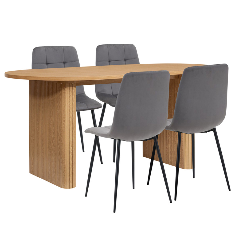 Avenel Wooden Oval Dining Table With 4 Grey Chairs In Oak