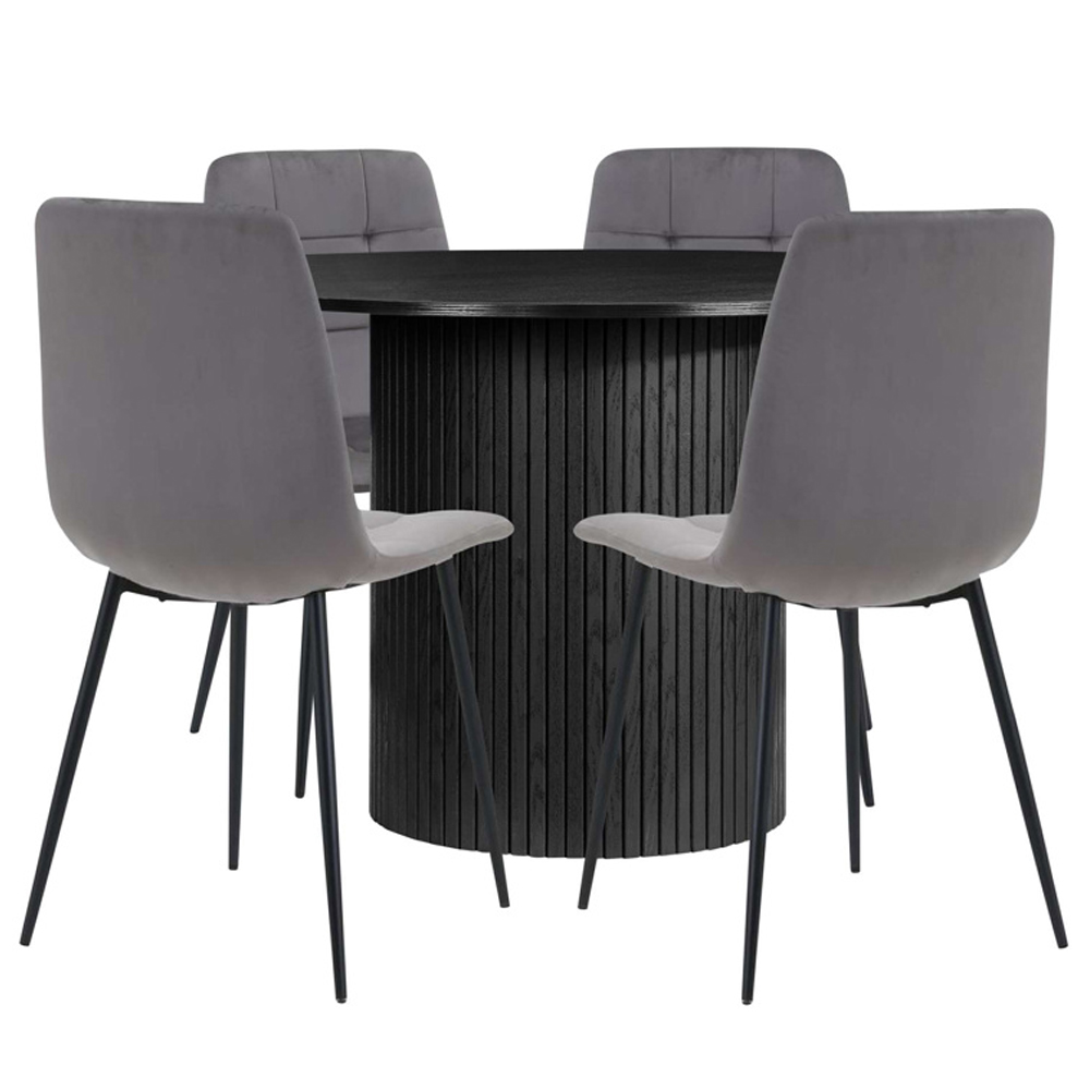 Avenel Wooden Round Dining Table With 4 Grey Chairs In Black