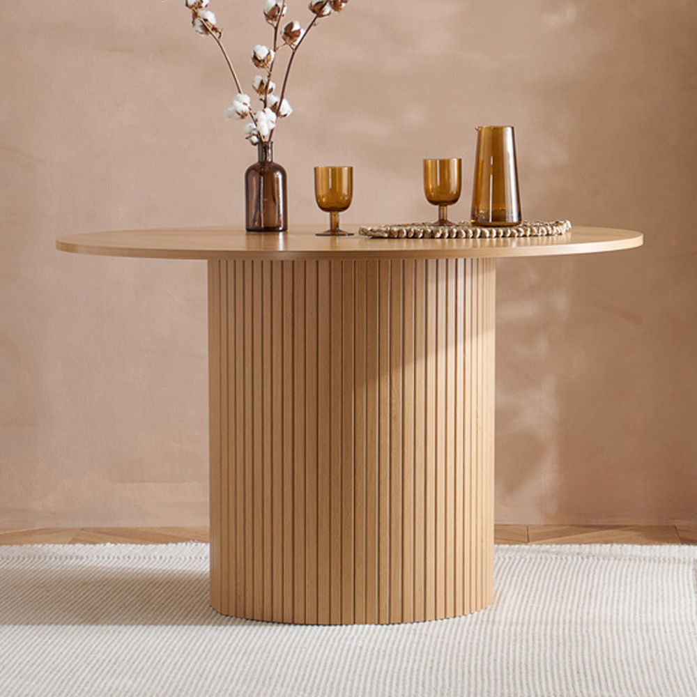 Avenel Wooden Round Dining Table With 4 Grey Chairs In Oak