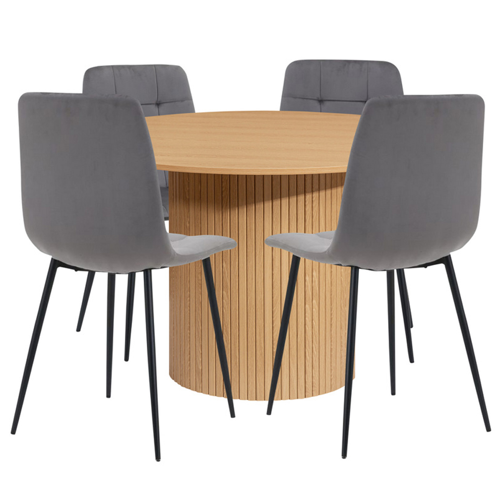 Avenel Wooden Round Dining Table With 4 Grey Chairs In Oak