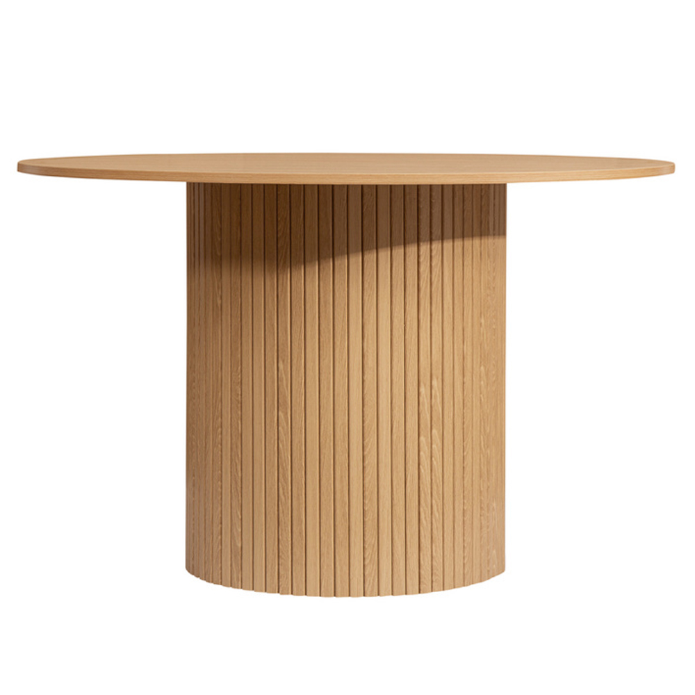 Avenel Wooden Round Dining Table With 4 Grey Chairs In Oak