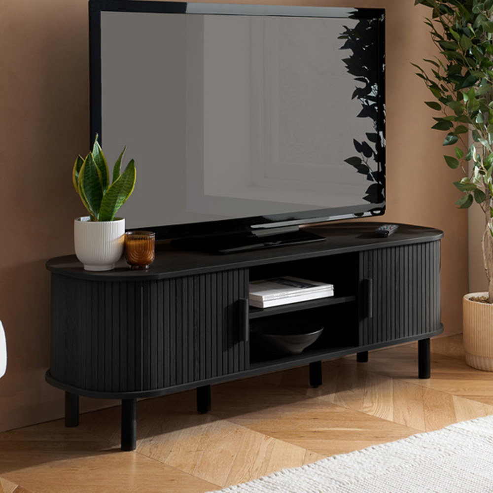 Avenel Wooden TV Stand With 2 Sliding Doors In Black