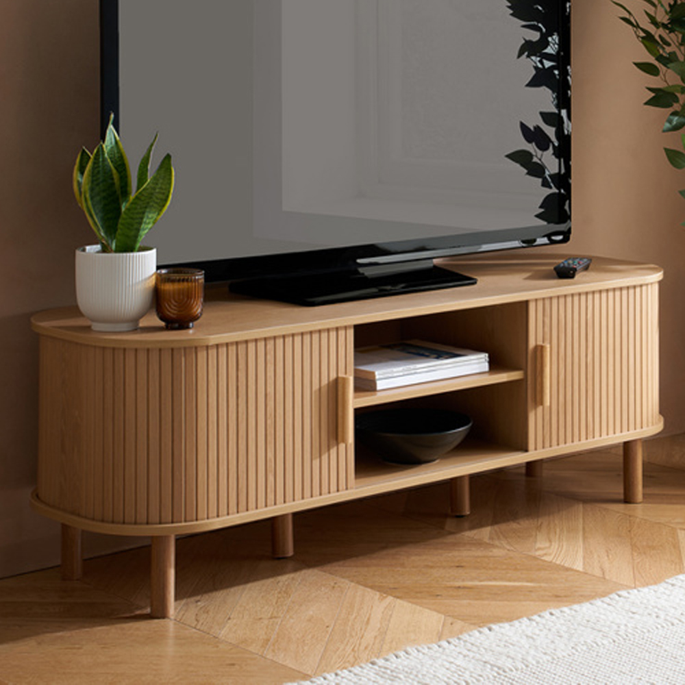 Avenel Wooden TV Stand With 2 Sliding Doors In Oak