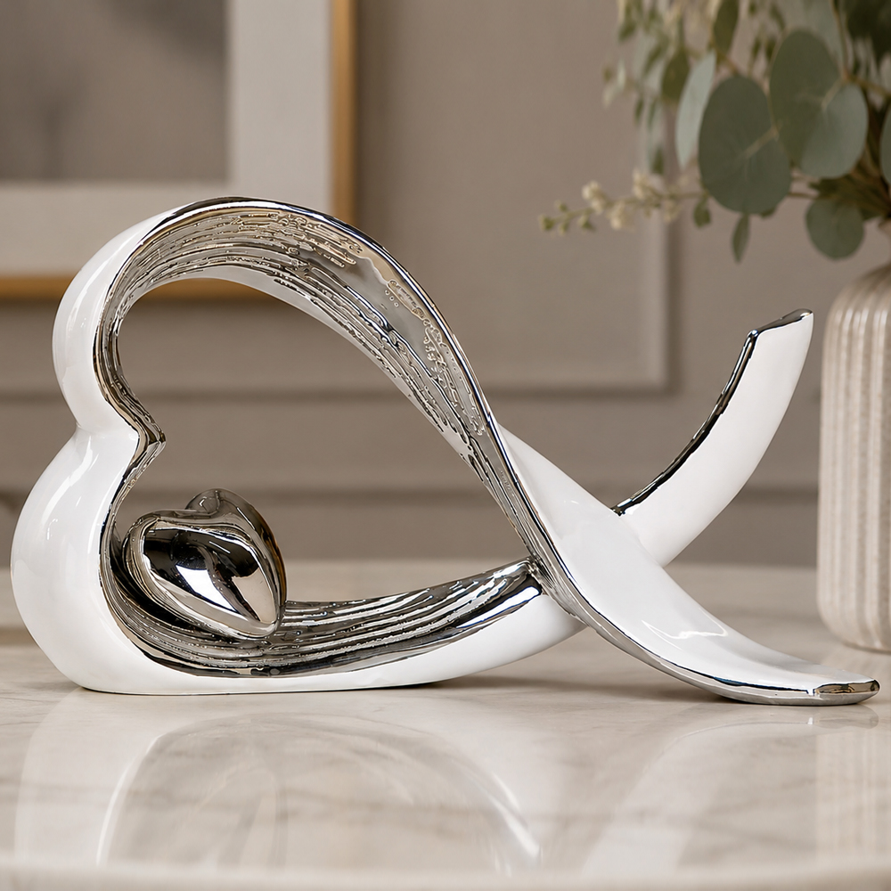 Avenis Ceramic Ribbon Heart Sculpture in Silver
