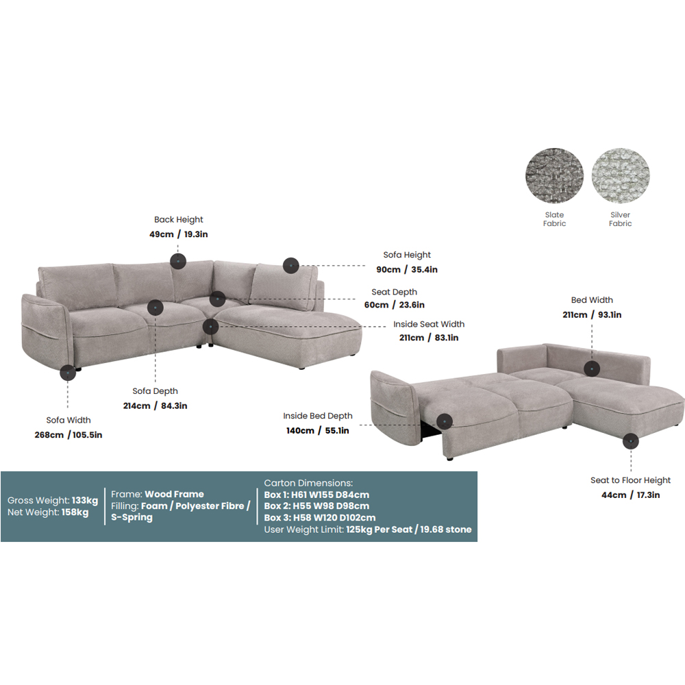 Avenyx Fabric Right-Handed Sofa Bed in Silver