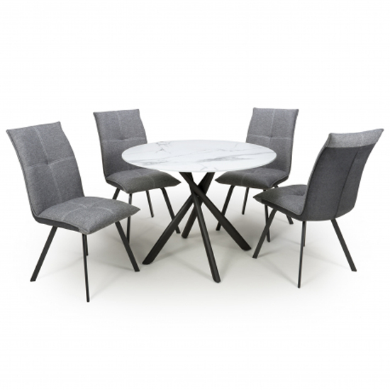Accro White Glass Dining Table With 4 Ansan Light Grey Chairs