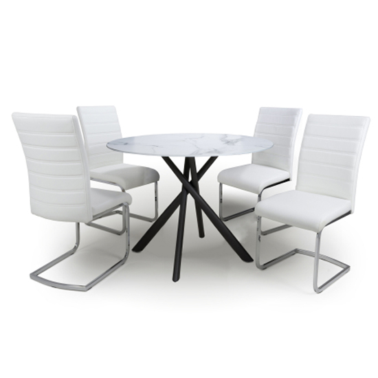 Accro White Glass Dining Table With 4 Conary White Chairs