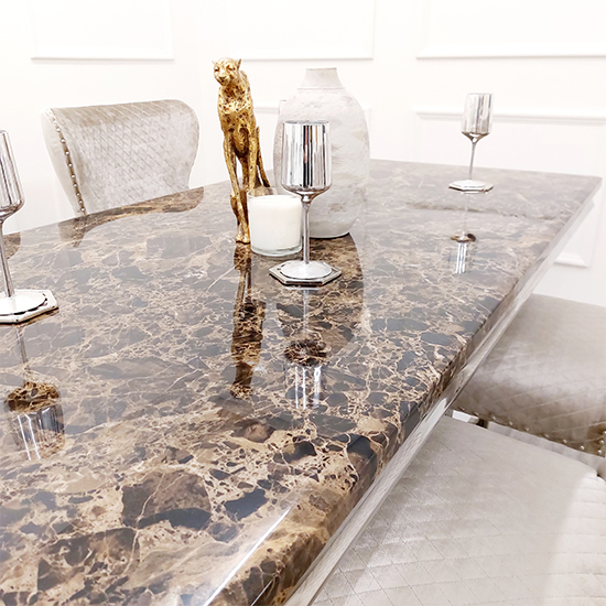 Avila Brown Marble Dining Table With Polished Pedestal Base Furniture