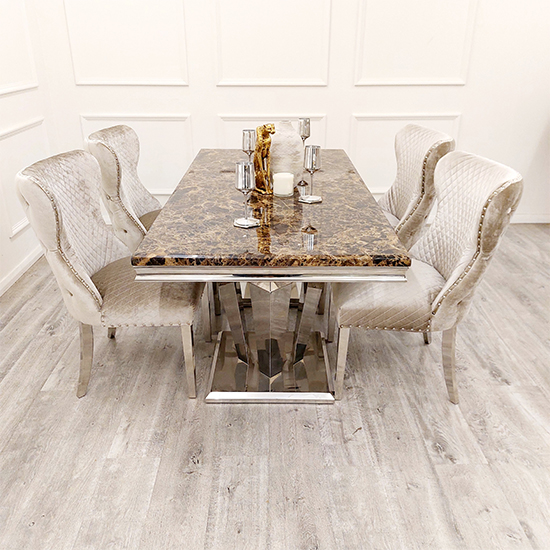 Avila Brown Marble Dining Table With Polished Pedestal Base Furniture