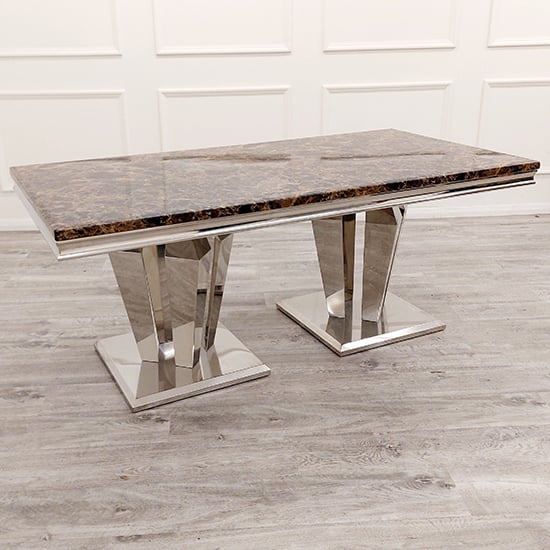 Photo of Avila brown marble dining table with polished pedestal base