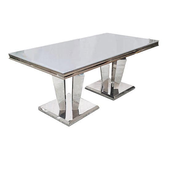 Product photograph of Avila White Glass Dining Table With Polished Pedestal Base from Furniture in Fashion