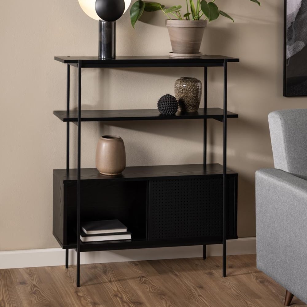 Avila Wooden Bookcase With 2 Sliding Doors In Ash Black