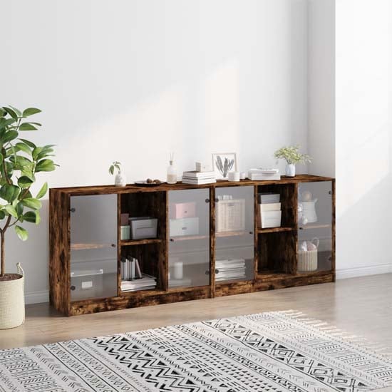 Avila Wooden Bookcase With 4 Doors In Smoked Oak
