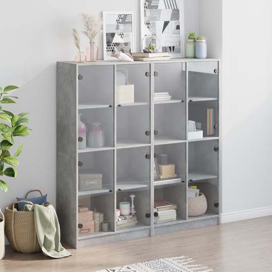 Avila Wooden Bookcase With 8 Glass Doors In Concrete Effect