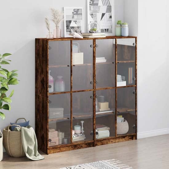 Avila Wooden Bookcase With 8 Glass Doors In Smoked Oak