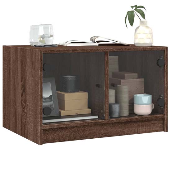Avila Wooden Coffee Table With 2 Glass Doors In Brown Oak