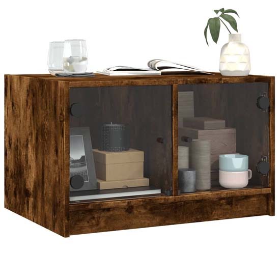 Avila Wooden Coffee Table With 2 Glass Doors In Smoked Oak