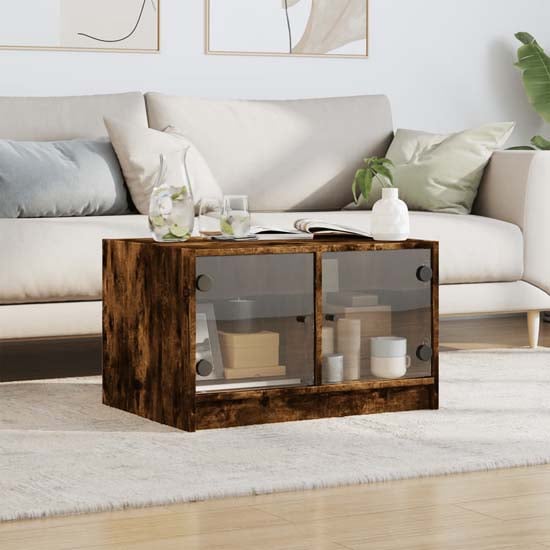 Avila Wooden Coffee Table With 2 Glass Doors In Smoked Oak