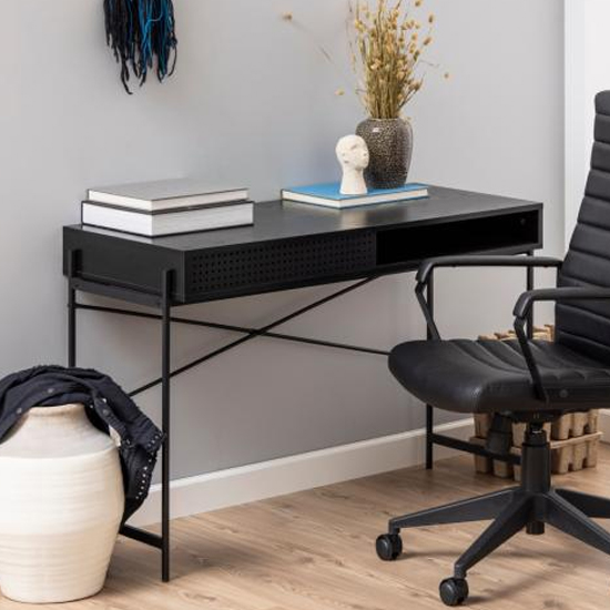 Photo of Avila wooden computer desk with sliding door in ash black