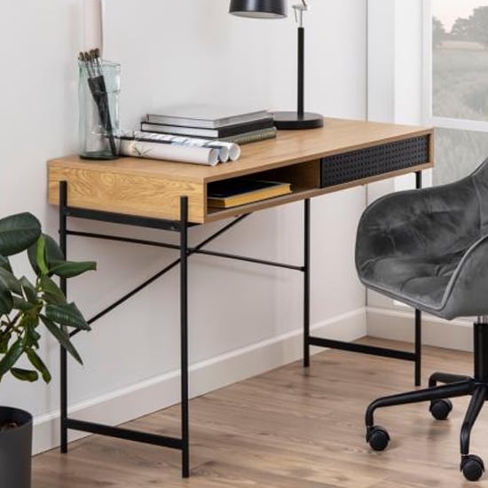 Photo of Avila wooden computer desk with sliding door in matt wild oak