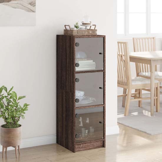 Product photograph of Avila Wooden Highboard With 3 Glass Doors In Brown Oak from Furniture in Fashion