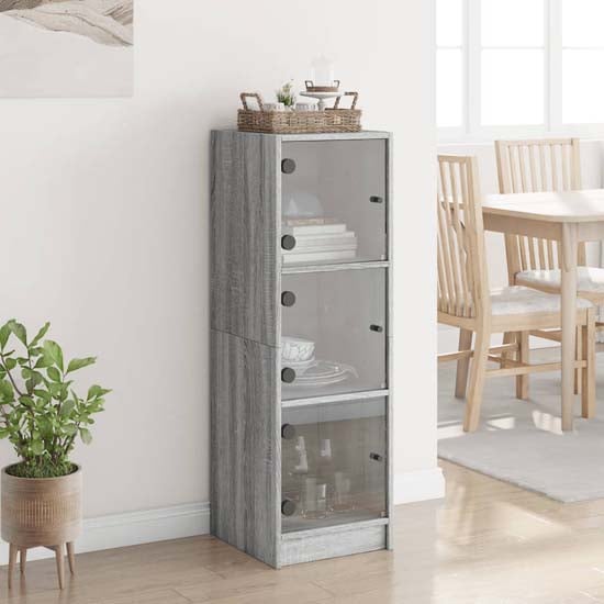 Product photograph of Avila Wooden Highboard With 3 Glass Doors In Grey Sonoma Oak from Furniture in Fashion