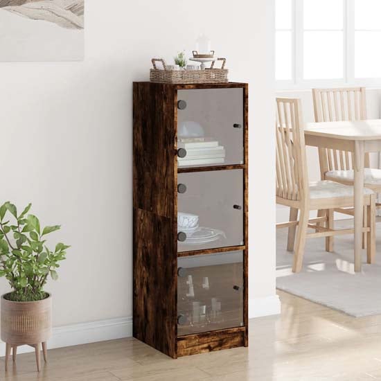 Product photograph of Avila Wooden Highboard With 3 Glass Doors In Smoked Oak from Furniture in Fashion