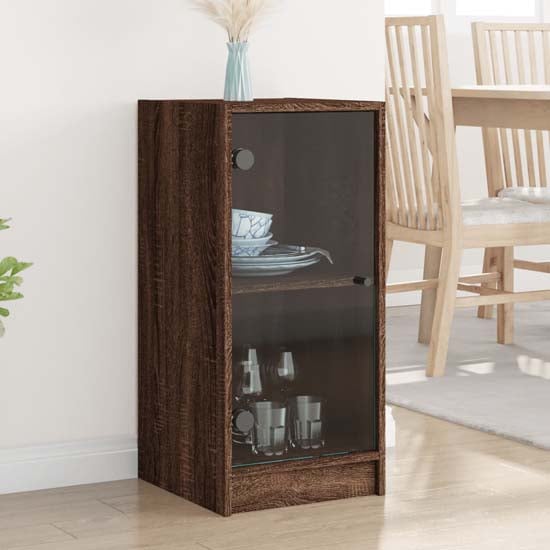 Avila Wooden Side Cabinet With 1 Glass Door In Brown Oak