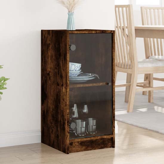Avila Wooden Side Cabinet With 1 Glass Door In Smoked Oak