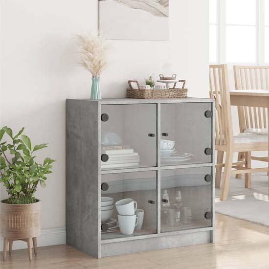 Avila Wooden Side Cabinet With 4 Glass Doors In Concrete Effect