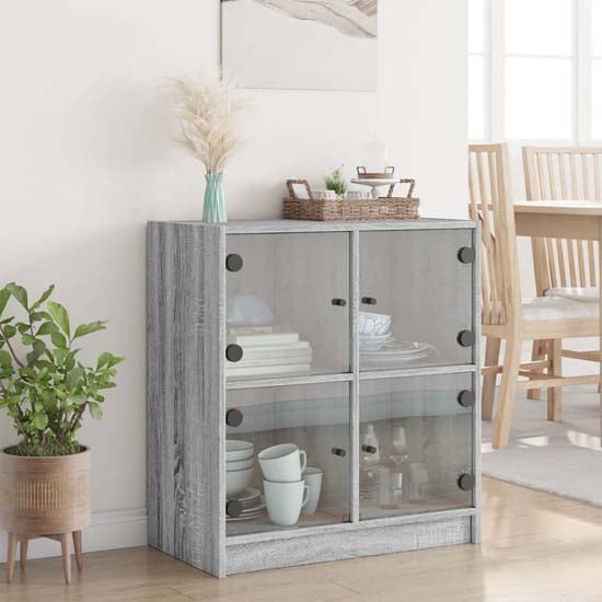 Avila Wooden Side Cabinet With 4 Glass Doors In Grey Sonoma Oak