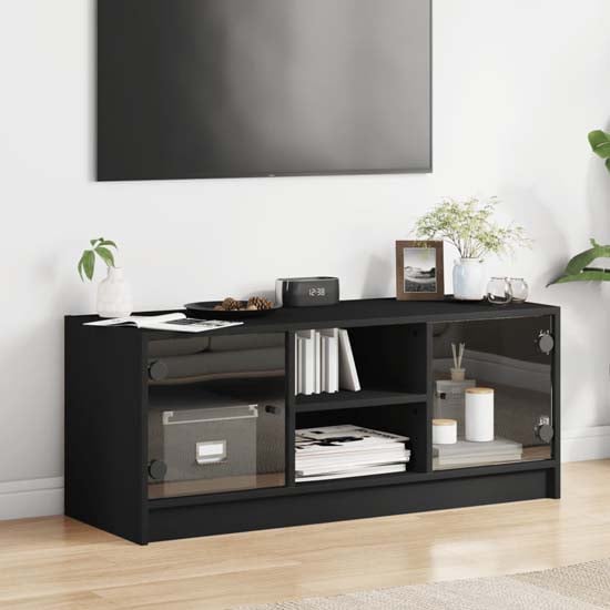 Product photograph of Avila Wooden Tv Stand With 2 Glass Doors In Black from Furniture in Fashion