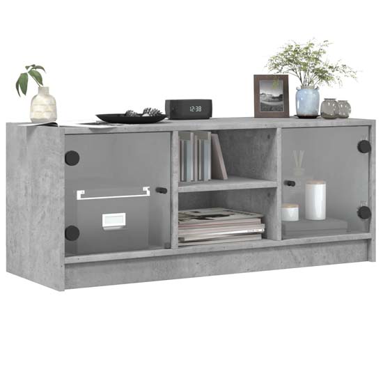 Avila Wooden TV Stand With 2 Glass Doors In Concrete Effect