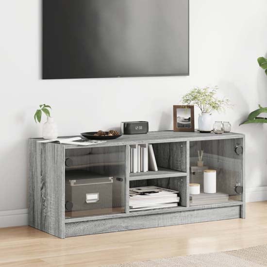Avila Wooden TV Stand With 2 Glass Doors In Grey Sonoma Oak