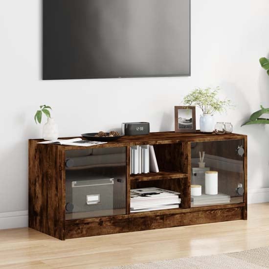 Product photograph of Avila Wooden Tv Stand With 2 Glass Doors In Smoked Oak from Furniture in Fashion