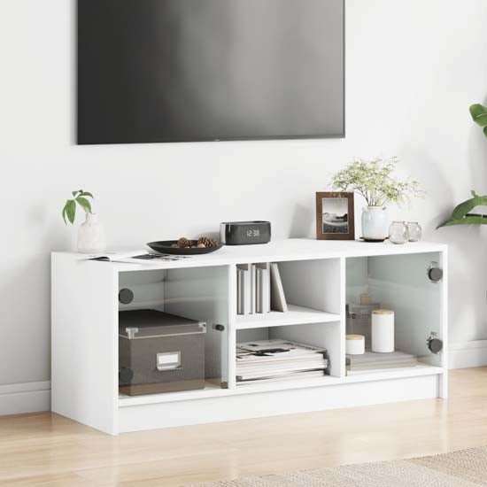 Read more about Avila wooden tv stand with 2 glass doors in white