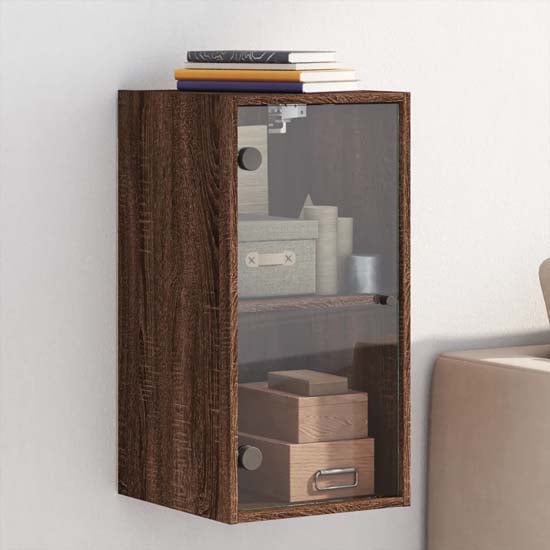 Avila Wooden Wall Cabinet With 1 Glass Door In Brown Oak