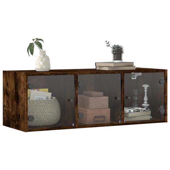 Avila Wooden Wall Cabinet With 3 Glass Doors In Smoked Oak