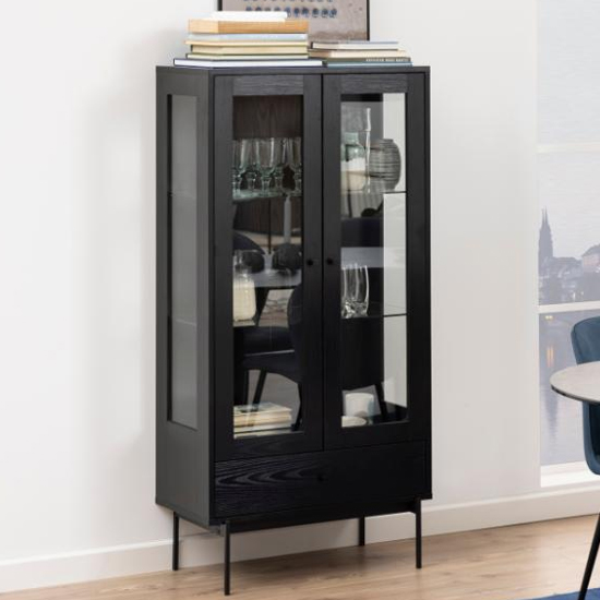 Product photograph of Avilo 2 Glass Doors And 1 Drawer Display Cabinet In Ash Black from Furniture in Fashion